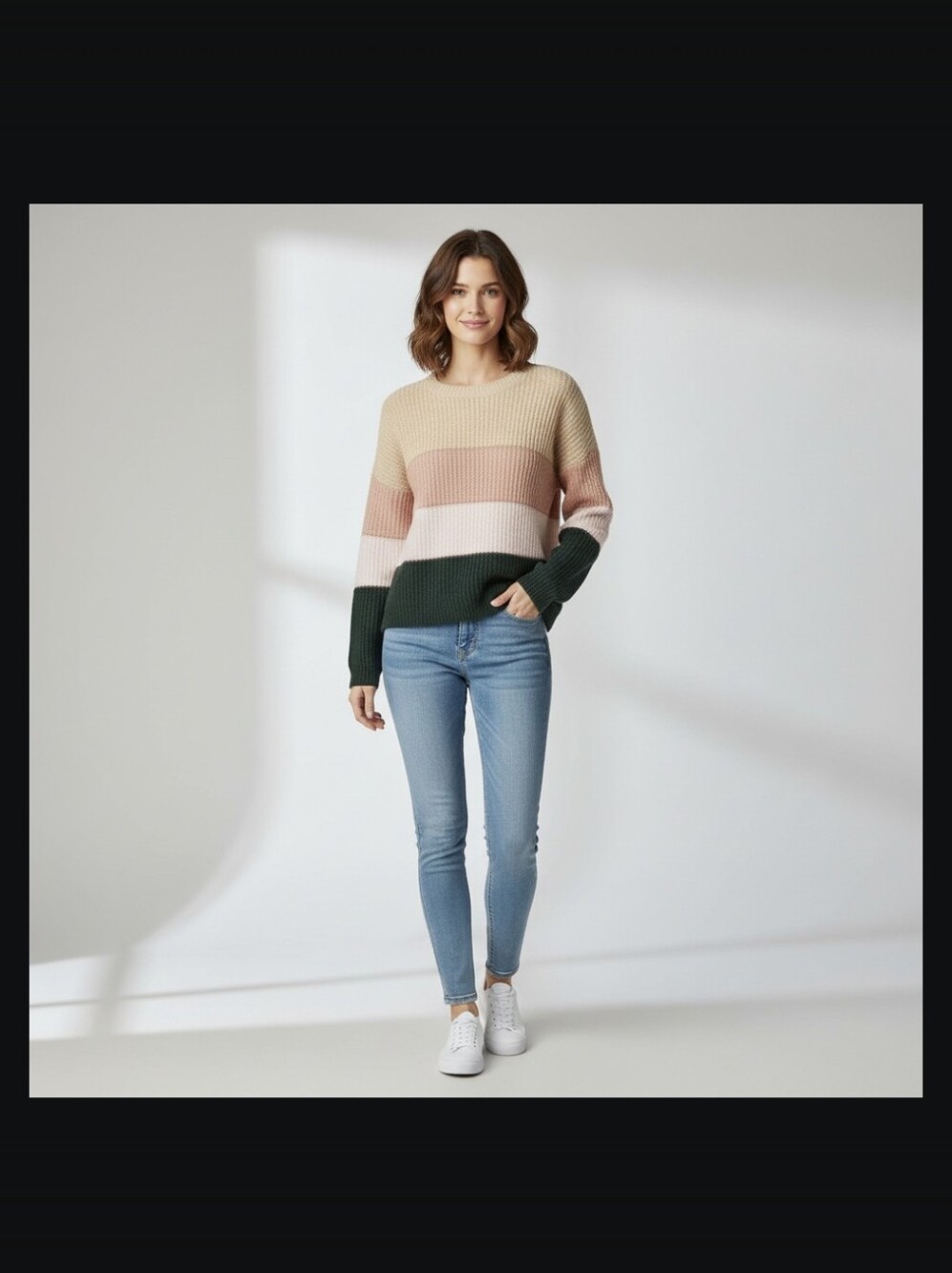June & Ivy Colorblock Crewneck Sweater in Cream, Pink & Dark Green-lg